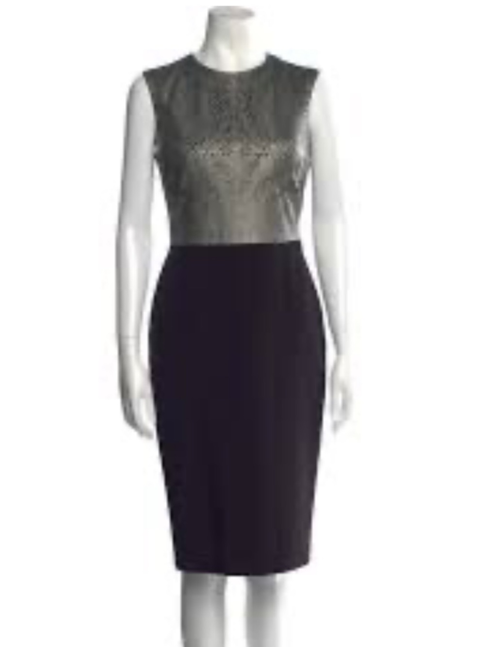 Catherine Deane Metallic Silver Leather Bodice Black Midi Sheath Dress Size 6